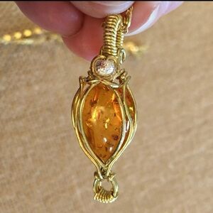 Handmade Amber Stone wire wrapped Artesian Made comes with a 18k GF 20" Chain